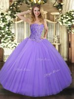 Lavender Tulle Lace Up Sweetheart Sleeveless Floor Length Quince Ball Gowns Beading