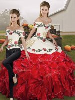 Fitting White And Red Lace Up Off The Shoulder Embroidery and Ruffles Quinceanera Gown Organza Sleeveless(SKU SJQDDT2145009BIZ)