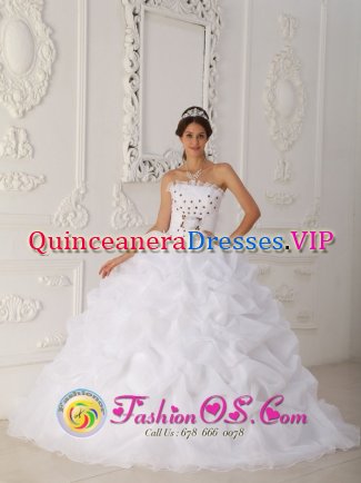 Cheap White Hand Made Flowers Quinceanera Dress With Strapless Court Train gold Beading and Ball Gown In Nieu Bethesda South Africa