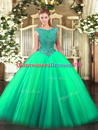 Turquoise Zipper Scoop Beading Ball Gown Prom Dress Tulle Sleeveless - Click Image to Close