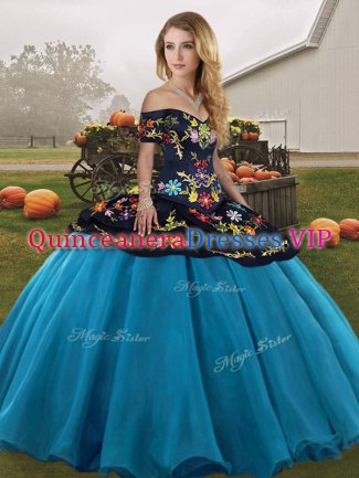 Blue And Black Off The Shoulder Lace Up Embroidery Quinceanera Dresses Sleeveless