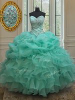 Custom Designed Floor Length Lace Up Quinceanera Gown Apple Green for Military Ball and Sweet 16 and Quinceanera with Beading and Ruffles and Pick Ups(SKU PSSW0142BIZ)