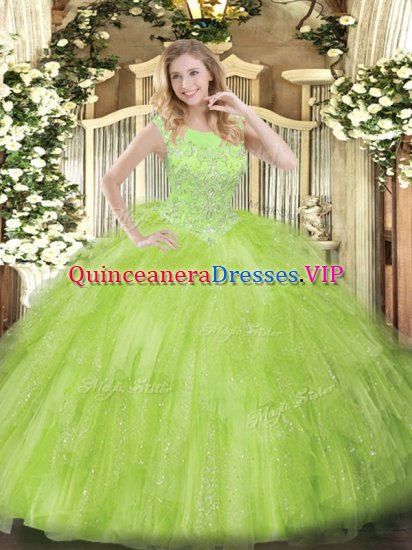 Yellow Green Sweet 16 Quinceanera Dress Military Ball and Sweet 16 and Quinceanera with Beading and Ruffles Scoop Sleeveless Zipper - Click Image to Close