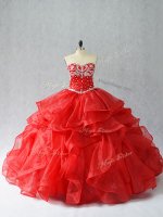 Red Organza Lace Up Sweetheart Sleeveless Floor Length Sweet 16 Dress Beading and Ruffles(SKU PSSW1041BIZ)