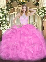 Sleeveless Floor Length Lace and Ruffles Zipper Sweet 16 Dresses with Rose Pink