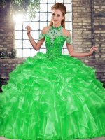 Pretty Halter Top Sleeveless Quinceanera Dresses Floor Length Beading and Ruffles Green Organza