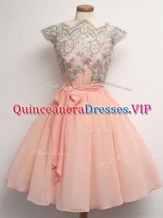 Peach A-line Scalloped Cap Sleeves Chiffon Knee Length Zipper Lace and Belt Quinceanera Court Dresses