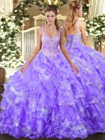 Traditional Sleeveless Floor Length Beading and Ruffled Layers Lace Up Sweet 16 Dresses with Lavender