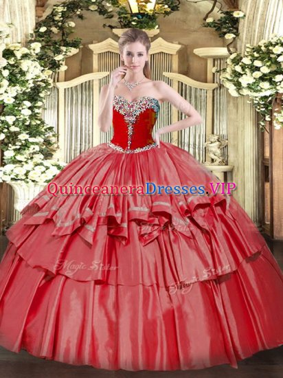 Discount Coral Red Sweet 16 Dress Military Ball and Sweet 16 and Quinceanera with Beading and Ruffled Layers Sweetheart Sleeveless Lace Up - Click Image to Close