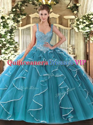 Glittering Tulle V-neck Sleeveless Lace Up Beading Sweet 16 Dress in Teal