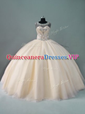 Classical Champagne 15th Birthday Dress Sweet 16 and Quinceanera with Beading Scoop Sleeveless Zipper