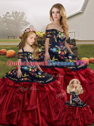 Ideal Red And Black Off The Shoulder Neckline Embroidery and Ruffles Vestidos de Quinceanera Sleeveless Lace Up