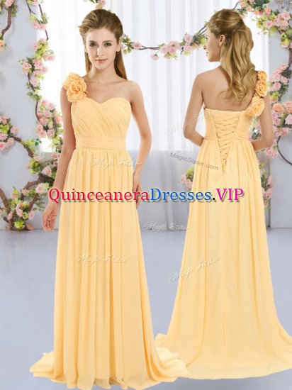 Gold Chiffon Lace Up Vestidos de Damas Sleeveless Brush Train Hand Made Flower - Click Image to Close