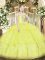 Best Organza Off The Shoulder Sleeveless Lace Up Beading and Ruffled Layers Quinceanera Dress in Yellow