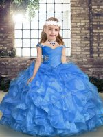 Blue Lace Up Straps Beading and Ruffles and Ruching Little Girl Pageant Gowns Organza Sleeveless