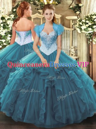 Beautiful Sweetheart Sleeveless Tulle 15th Birthday Dress Beading and Ruffles Lace Up