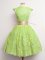 Artistic Yellow Green Lace Lace Up High-neck Cap Sleeves Knee Length Dama Dress for Quinceanera Belt