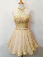 Champagne Halter Top Lace Up Beading Dama Dress Sleeveless