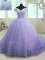 Suitable Off the Shoulder Lavender Ball Gowns Hand Made Flower Sweet 16 Dress Lace Up Organza Short Sleeves With Train