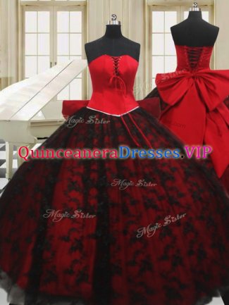 Floor Length Lace Up Sweet 16 Dresses Red for Military Ball and Sweet 16 and Quinceanera with Beading and Bowknot