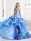 Blue Organza Lace Up Quinceanera Dress Sleeveless High Low Appliques