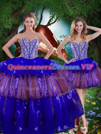 Multi-color Ball Gowns Beading and Ruffled Layers and Sequins Sweet 16 Dress Lace Up Organza Sleeveless Floor Length