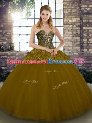 Tulle Sweetheart Sleeveless Lace Up Beading and Appliques Ball Gown Prom Dress in Brown