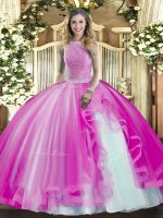 Sleeveless Beading and Ruffles Lace Up Quince Ball Gowns