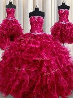 Four Piece Beading and Ruffles Quince Ball Gowns Burgundy Lace Up Sleeveless Floor Length