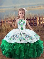 Dramatic Sleeveless Organza Floor Length Lace Up Kids Formal Wear in Green with Embroidery and Ruffles