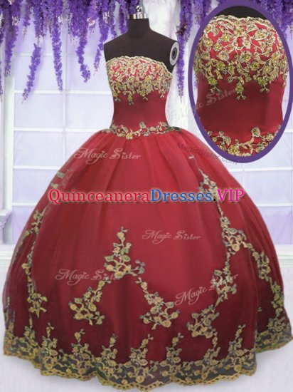 Coral Red Tulle Zipper Strapless Sleeveless Floor Length Sweet 16 Quinceanera Dress Appliques - Click Image to Close