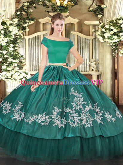 Teal Organza and Taffeta Zipper Off The Shoulder Short Sleeves Floor Length 15th Birthday Dress Embroidery - Click Image to Close