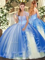 Cute Strapless Sleeveless Tulle Vestidos de Quinceanera Appliques and Ruffles Lace Up