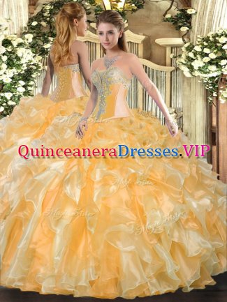 Sweetheart Sleeveless Sweet 16 Dresses Floor Length Beading and Ruffles Gold Organza