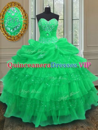 Hot Sale Organza Halter Top Sleeveless Lace Up Beading and Ruffled Layers and Pick Ups Sweet 16 Dress in Green