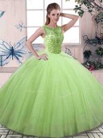 Graceful Tulle Lace Up Scoop Sleeveless Floor Length 15 Quinceanera Dress Beading