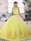 Tulle Scalloped Sleeveless Sweep Train Backless Lace Sweet 16 Quinceanera Dress in Yellow