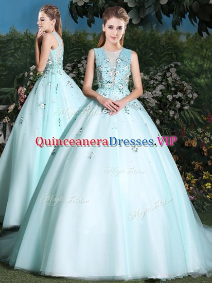 Dynamic Scoop Sleeveless Beading and Appliques Lace Up Quinceanera Gowns with Light Blue Brush Train - Click Image to Close