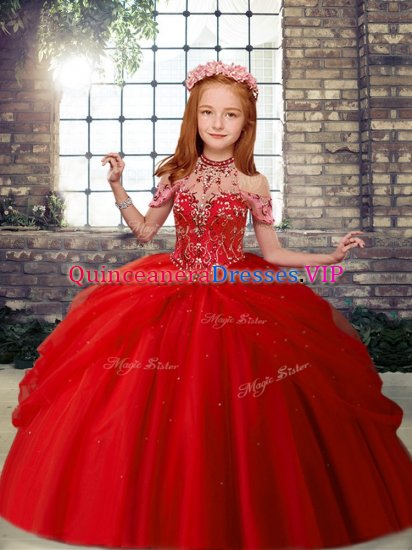 Red Lace Up Pageant Dress for Teens Beading Sleeveless Floor Length - Click Image to Close