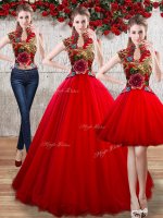 Red Organza Lace Up 15th Birthday Dress Sleeveless Floor Length Appliques(SKU YCQD0185TZAA1BIZ)