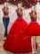 Red Organza Lace Up 15th Birthday Dress Sleeveless Floor Length Appliques