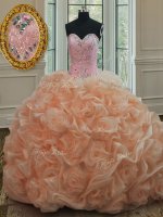 Noble Peach Lace Up Sweetheart Beading and Pick Ups Quinceanera Dresses Organza Sleeveless Sweep Train