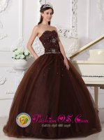 Boscastle Cornwall Rhinestones Decorate Bodice Modest Brown Quinceanera Dress Sweetheart Floor-length Tulle Ball Gown