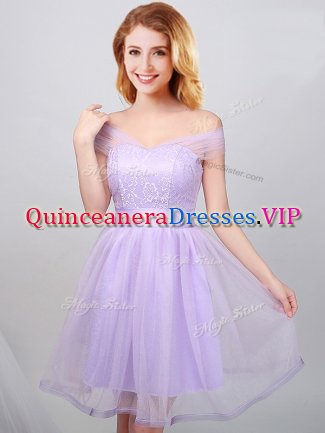 Fabulous Off The Shoulder Short Sleeves Court Dresses for Sweet 16 Mini Length Lace and Appliques and Belt Lavender Tulle