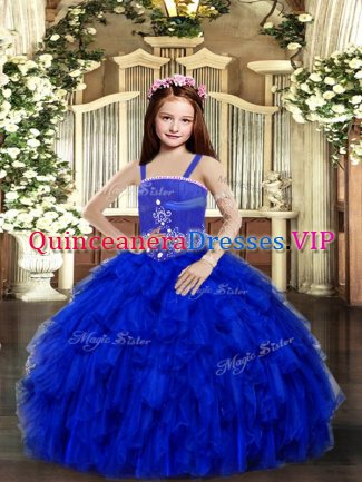 Ball Gowns Child Pageant Dress Royal Blue Straps Tulle Sleeveless Floor Length Lace Up