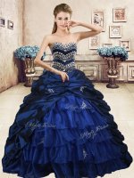 Superior Navy Blue Organza and Taffeta Lace Up Quince Ball Gowns Sleeveless Floor Length Beading and Appliques and Ruffled Layers and Pick Ups(SKU YYPJ057-1BIZ)