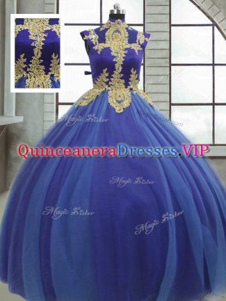 Stylish High-neck Sleeveless Sweet 16 Dress Floor Length Appliques Royal Blue Tulle