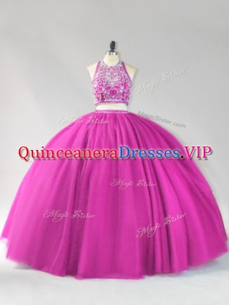 Chic Halter Top Sleeveless Tulle 15 Quinceanera Dress Beading Backless