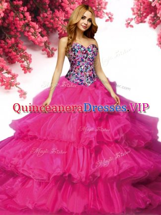 Ruffled Ball Gowns Quince Ball Gowns Fuchsia Sweetheart Organza Sleeveless Floor Length Lace Up