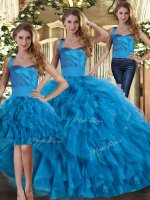 Decent Blue Halter Top Lace Up Ruffles Quinceanera Dresses Sleeveless